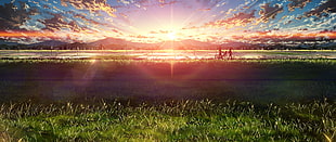 green grass field, ultra-wide, Japan, anime, sky
