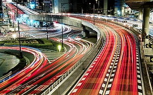 red and gray road, city, urban, long exposure, light trails HD wallpaper