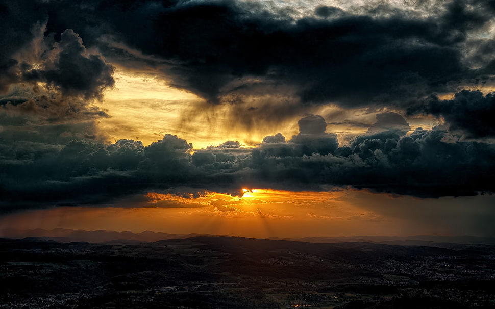 cloudy sky during orange sunset, sky, clouds, sunset, sunlight HD wallpaper