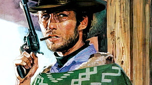 man holding revolver portrait painting, movies, western, Clint Eastwood, artwork