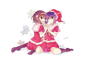 two girls with red and purple hair anime characters