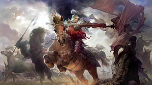 knight with silver armor riding on horse at war painting