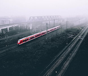 red train, landscape, train, selective coloring, Deutsche Bahn