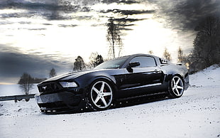 black Ford Mustang GT, Ford Mustang, tuning, car, snow HD wallpaper