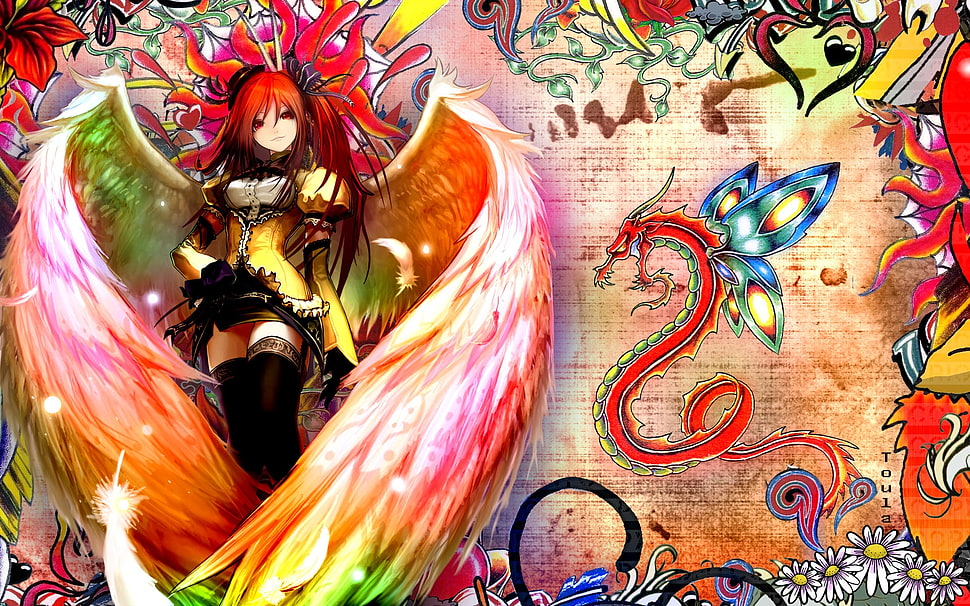 red haired woman with wings illustration HD wallpaper