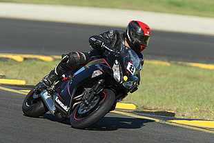black sports bike, Biker, Motorcycle, Racing