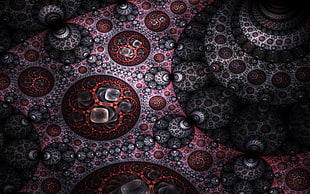 pink, black, red, and white floral textile ]