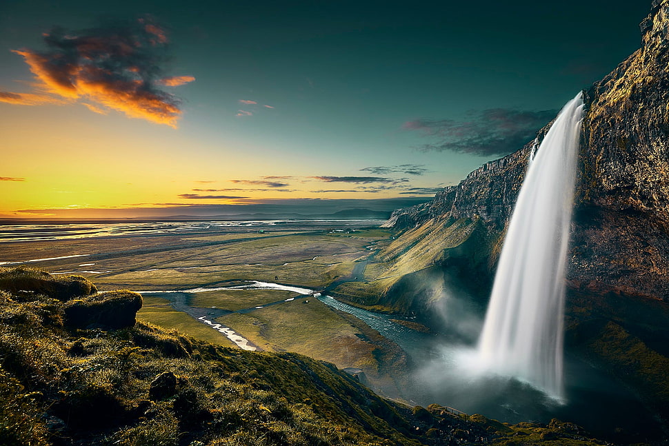 mountain with waterfall, nature, landscape, fall, horizon HD wallpaper