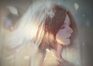 gray-haired female anime character, fantasy art, weddings, wedding dress, closed eyes