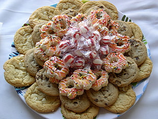 chocolate chip cookies with candies on plate