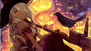 long-haired female anime character digital wallpaper, Halloween, anime, fan art