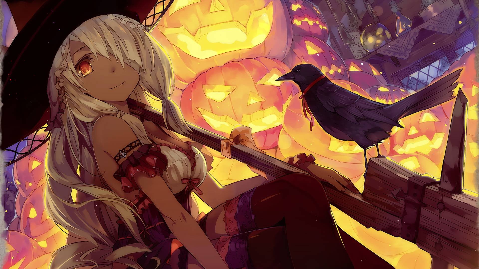 Long-haired female anime character digital wallpaper, Halloween