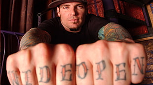 person with Wide open knuckle tattoo