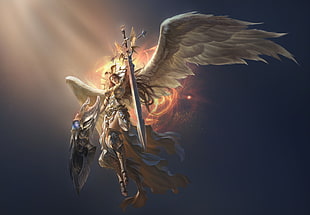Angel wallpaper, armor, cleavage, sword, wings