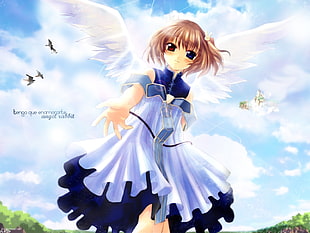 female with wings wearing blue and gray dress anime character