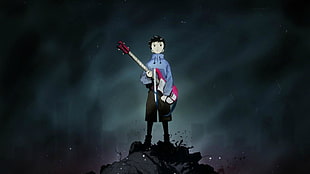 boy wearing blue jacket holding guitar anime wallpaper, anime, guitar, FLCL, anime boys HD wallpaper