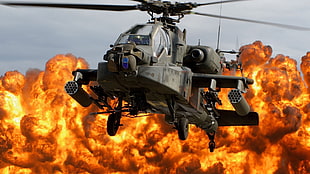 gray Apache helicopter, army, helicopters, explosion, Boeing Apache AH-64D HD wallpaper