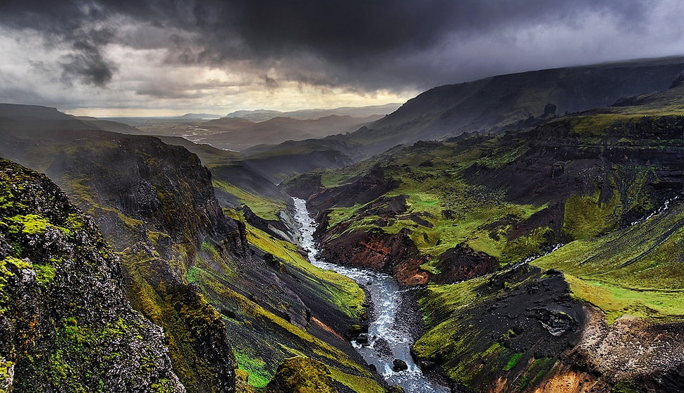 river valley, landscape, nature, storm, Iceland HD wallpaper