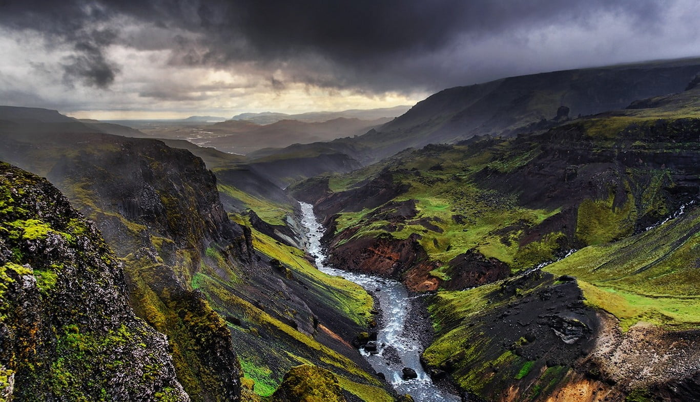 river valley, landscape, nature, storm, Iceland