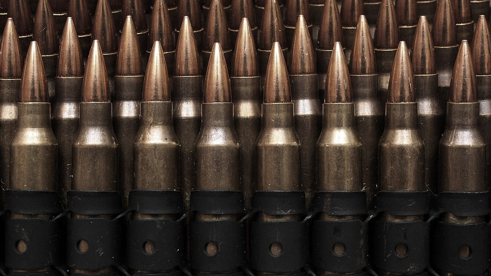 brass-colored gun bullet lot, ammunition, weapon, bullet HD wallpaper