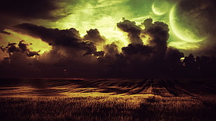 black and grey clouds, field, clouds, planet, digital art