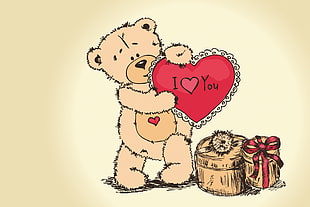 brown bear holding heart with i Heart you sign near two gift boxes illustration
