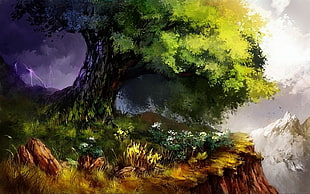 green leafed tree painting, artwork, trees, mountains, lightning