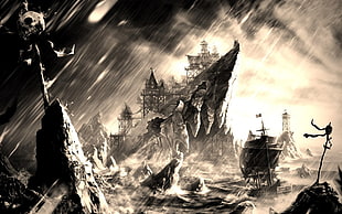 grayscale photo of ship, ship, pirates, fantasy art