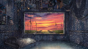 black steel bed illustration, hospital, window, wind turbine
