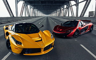 two red and yellow coupes, McLaren P1, Ferrari LaFerrari, car, bridge