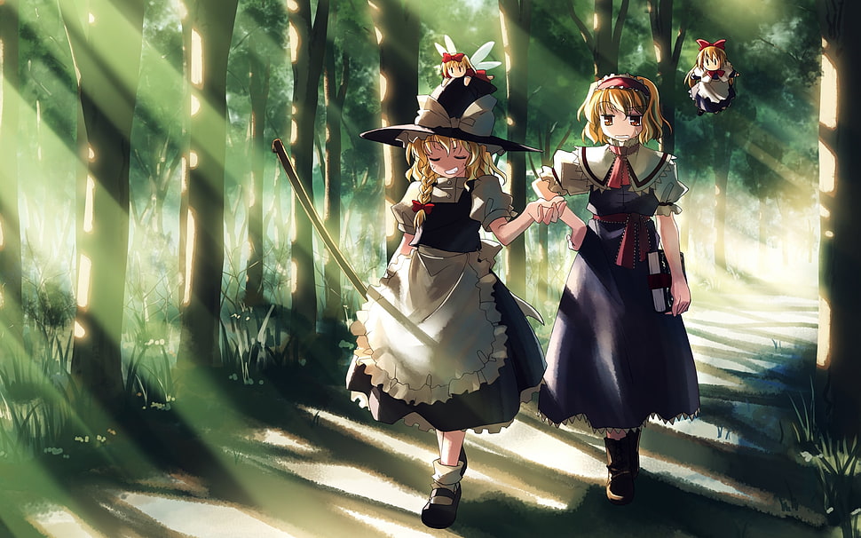 two girls anime characters talking walking in forest HD wallpaper