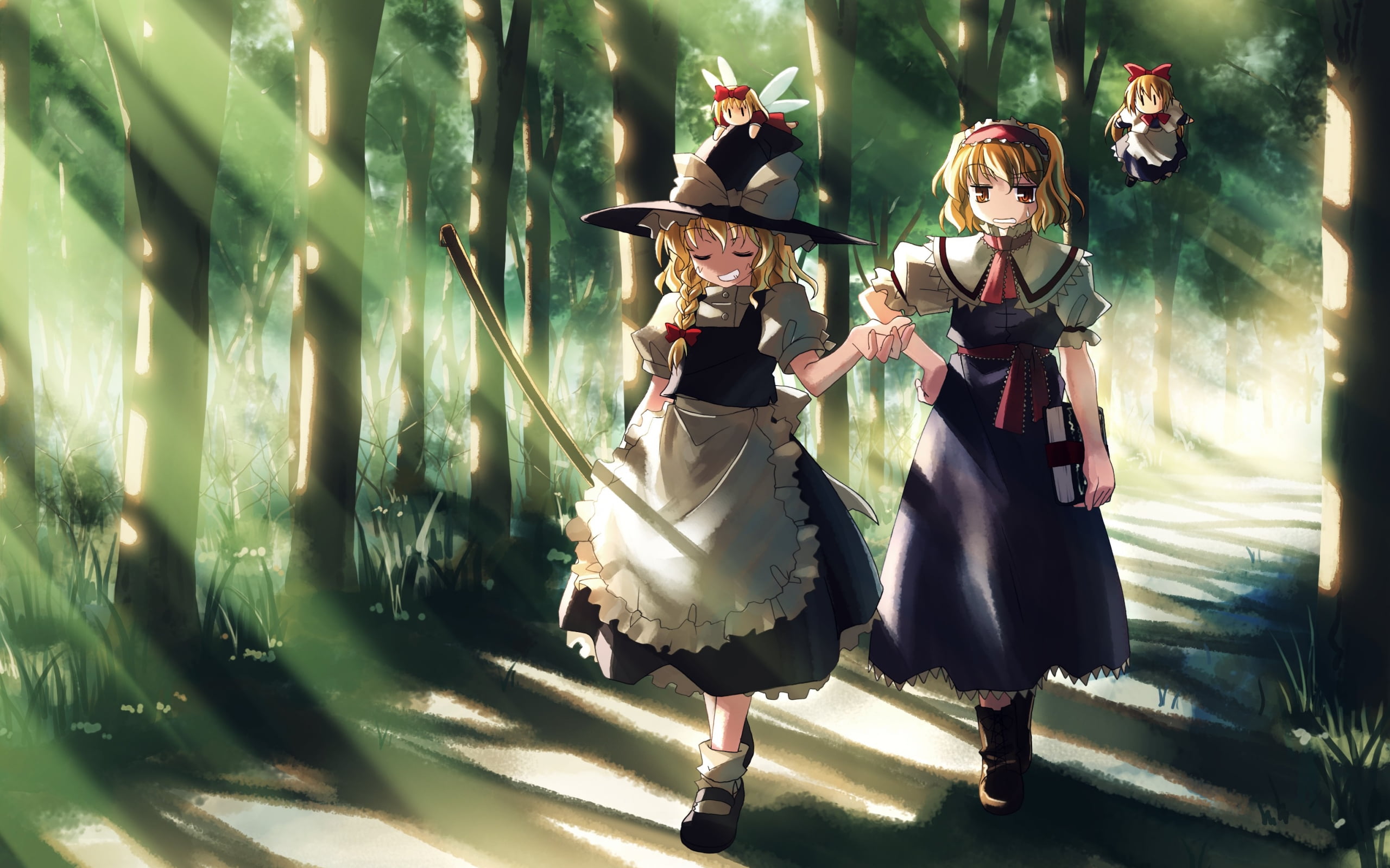 two girls anime characters talking walking in forest