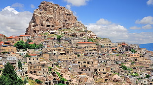 brown villages near to rock mountain, Turkey, Cappadocia, city, cityscape