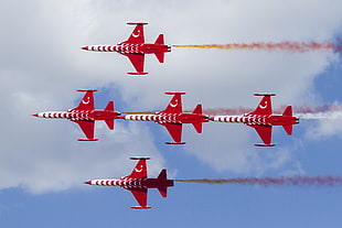 five red-and-white fighter jets, Turkish Stars, Turkish Air Force, Türk Yıldızları, Turkish