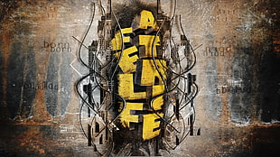 yellow text on black background, typography, artwork