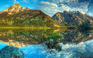 reflection of green mountain on calm body of water under blue skies HD wallpaper