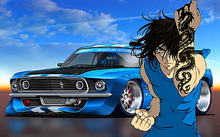 anime art of car and man with black hair character