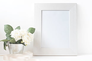 white photo frame and white roses on table HD wallpaper