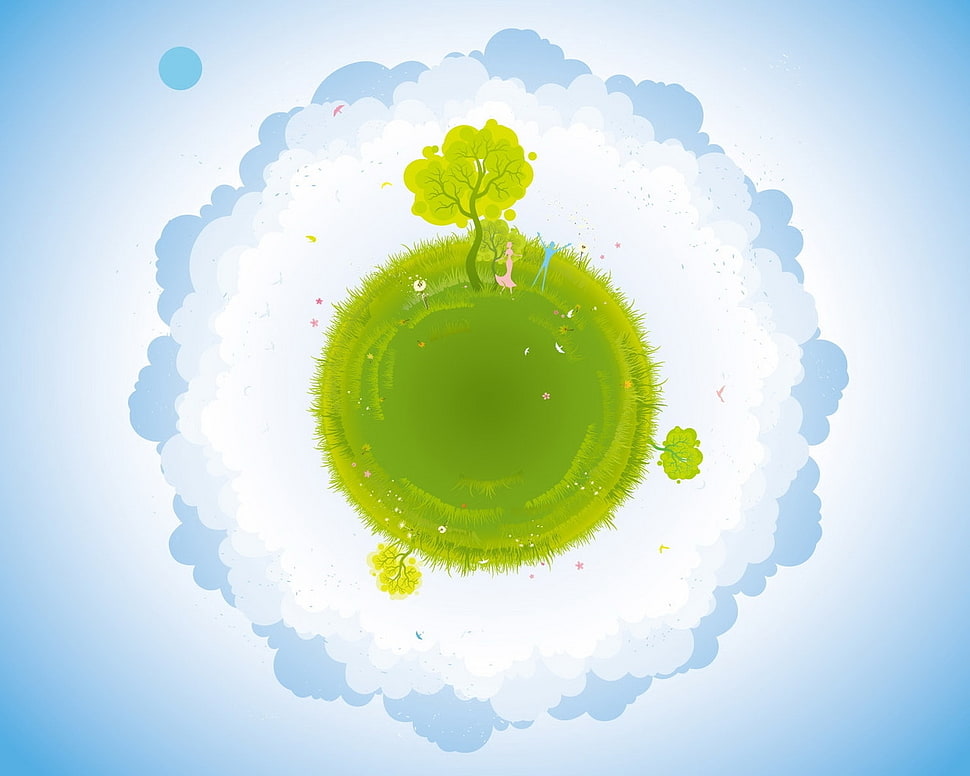 green round planet and tree illustration HD wallpaper