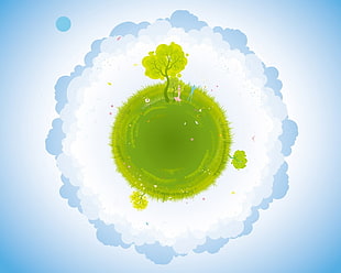green round planet and tree illustration