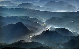 mountains illustration, nature, landscape, mist, sun rays
