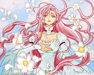 pink haired female anime character with white backgorund