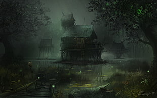 gray wooden house, swamp, digital art, dark, watermarked