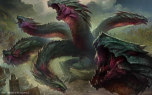 six-headed green and pink dragon illustration