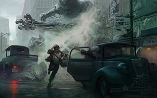 person running away from gray robot illustration