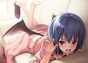 blue haired anime character wearing pink dress