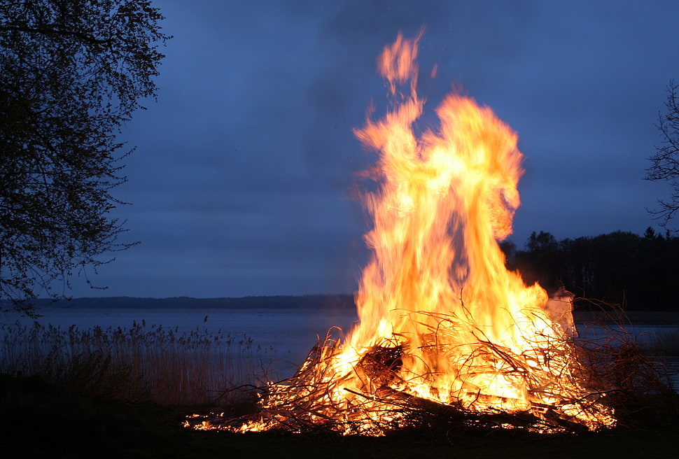 bonfire near body of water during nighttime HD wallpaper