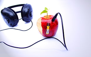 black corded headphones with red apple fruit charger