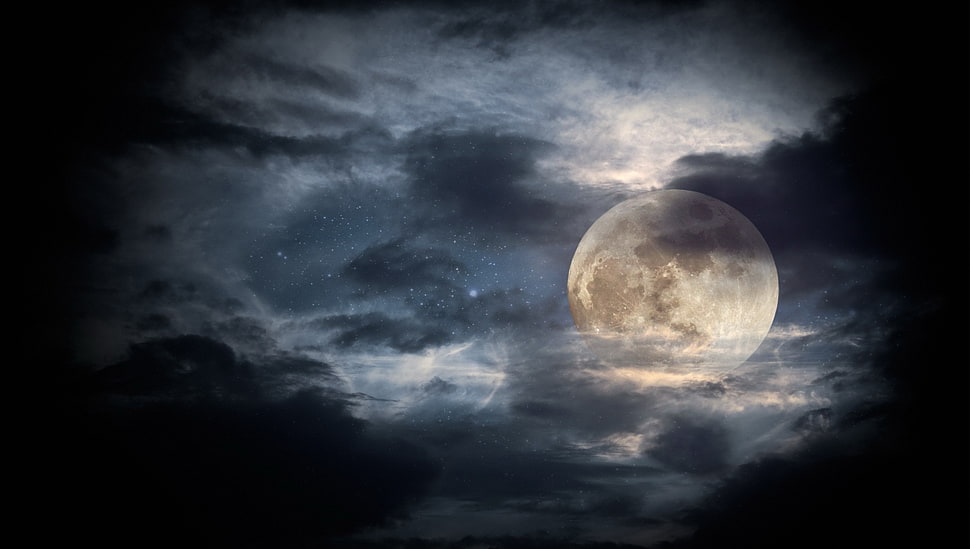 gray moon with clouds, night, moonlight HD wallpaper