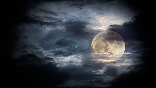 gray moon with clouds, night, moonlight